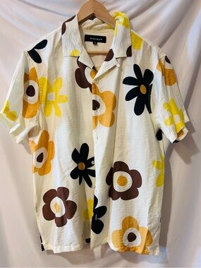 PacSun Men’s retro White Floral Short Sleeve Button-Up Shirt Yellow Black Brown